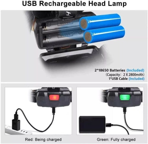 T6 Headlamp Rechargeable 350000LM LED Zoom Headlight Head Torch USB Line UK