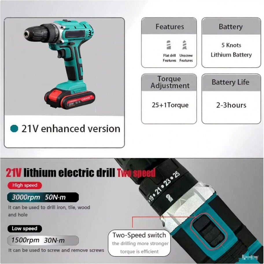 2 Battery Cordless Drill 21V Electric Screwdriver Set Combi Driver High Power UK