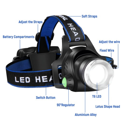 T6 Headlamp Rechargeable 350000LM LED Zoom Headlight Head Torch USB Line UK