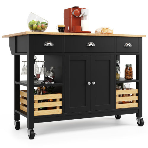 Rolling Kitchen Island Storage Trolley With Large Cabinet, 3 Drawers, Spice Rack, Adjustable Shelf, Dining Room Organiser Sideboard Cupboard Cabinet Cart, Black
