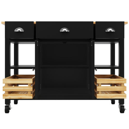 Rolling Kitchen Island Storage Trolley With Large Cabinet, 3 Drawers, Spice Rack, Adjustable Shelf, Dining Room Organiser Sideboard Cupboard Cabinet Cart, Black