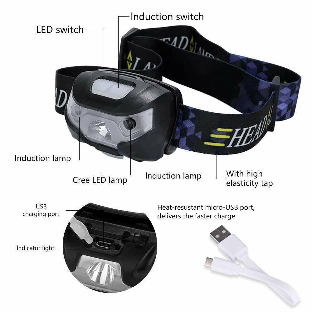 2x Super Bright Waterproof Head Torch Headlight LED USB Rechargeable Headlamp UK