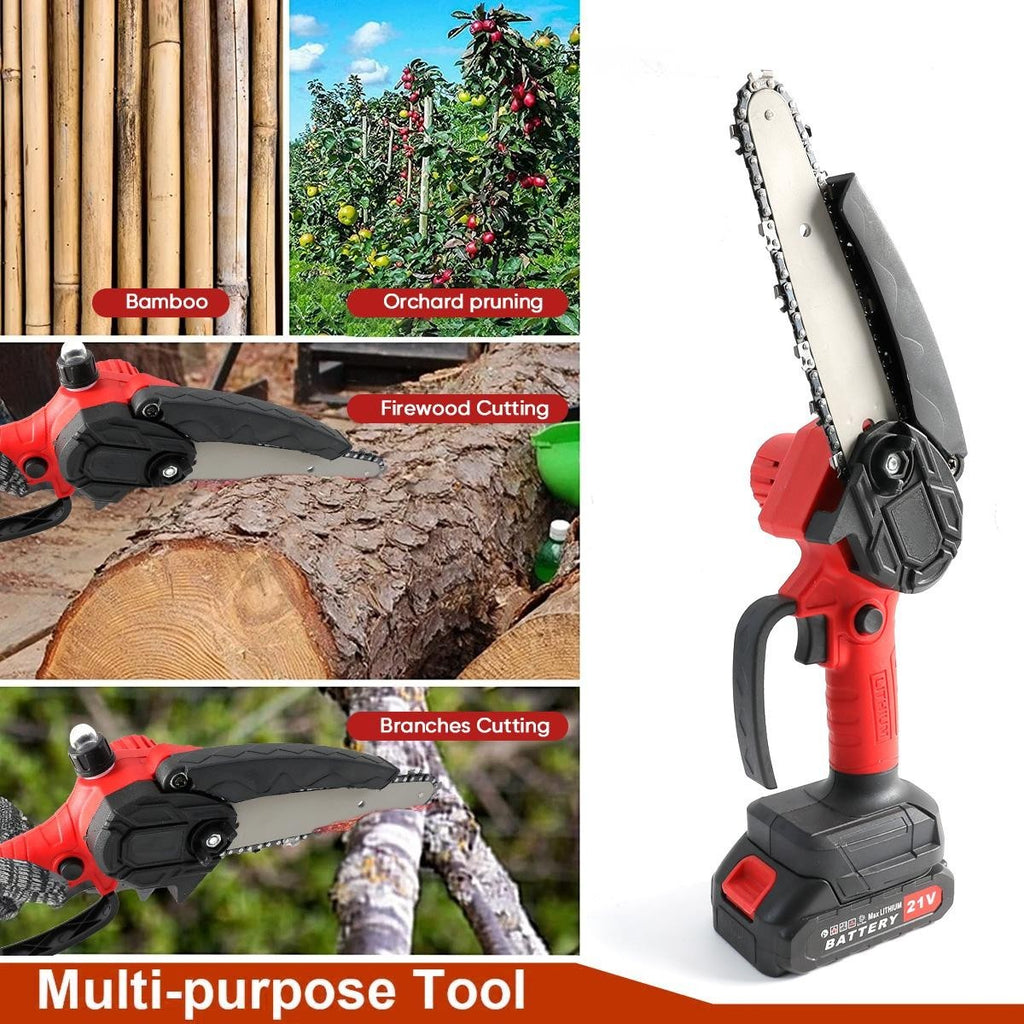 2 Batteries  4000W Mini Cordless Chainsaw Electric One-Hand Saw Wood Cutter