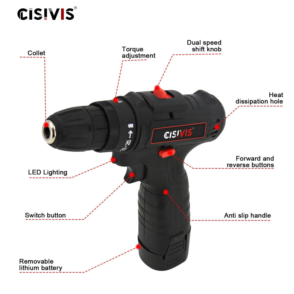 12V Cordless Electric Drill Set Electric Driver Screwdriver With 2 Batteries