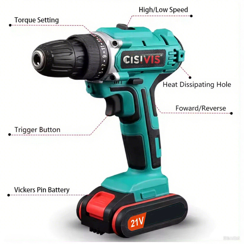 2 Battery Cordless Drill 21V Electric Screwdriver Set Combi Driver High Power UK