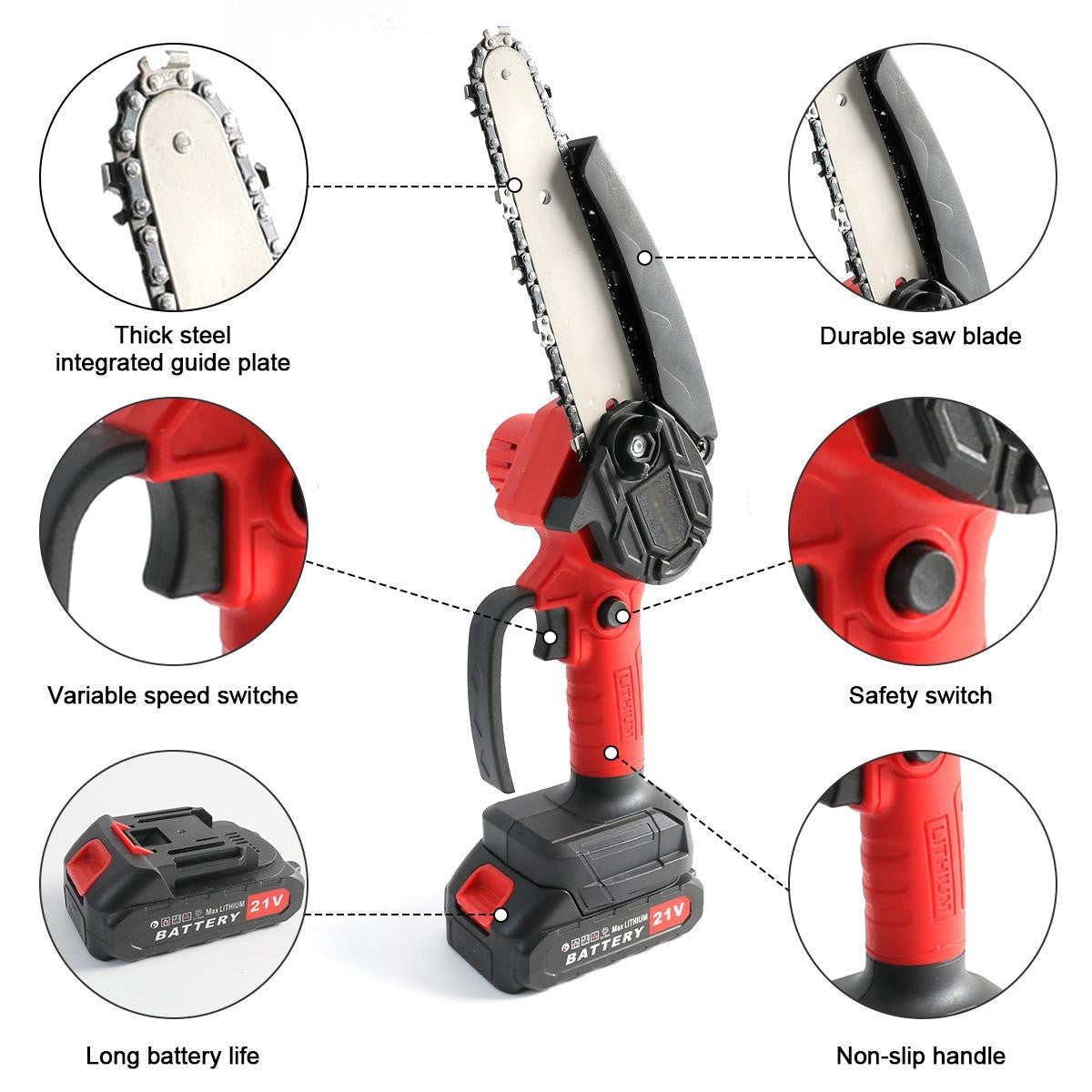2 Batteries  4000W Mini Cordless Chainsaw Electric One-Hand Saw Wood Cutter