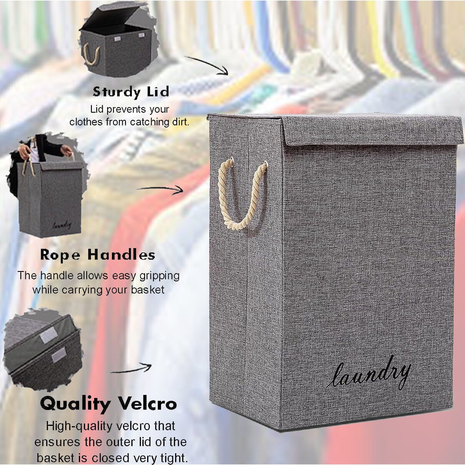 Laundry Basket Dirty Washing Clothes Storage Folding Bin Bag Hamper With Lid