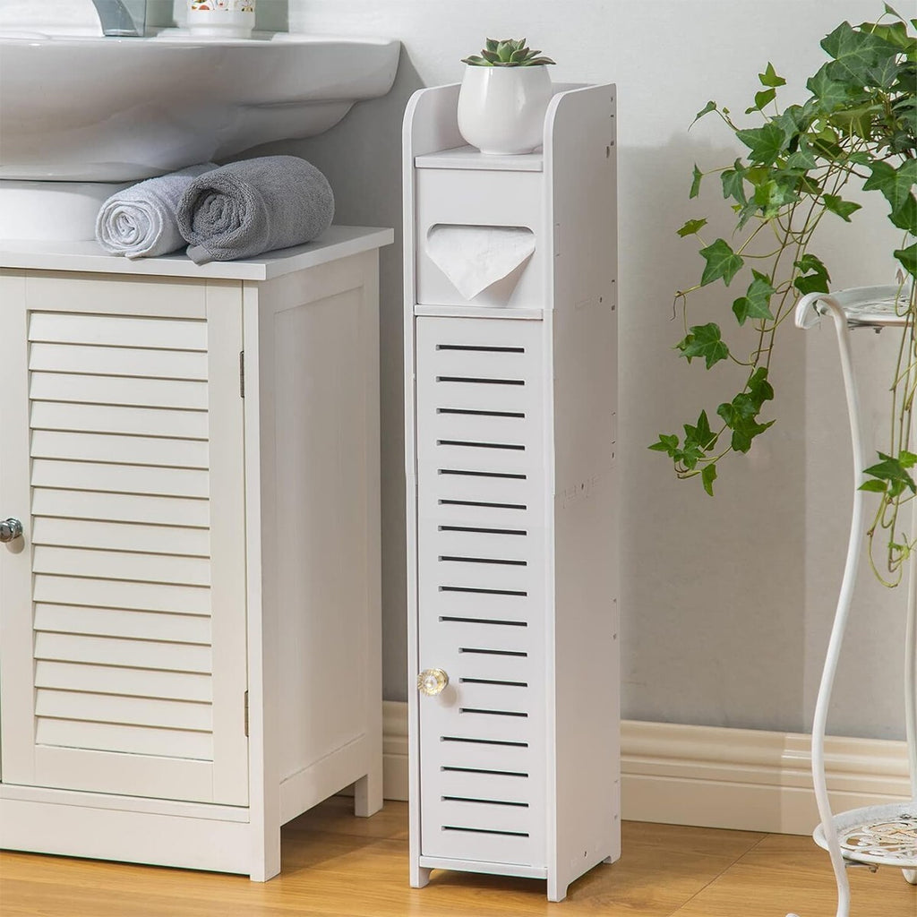 Wooden White Free Standing Toilet Paper Roll Holder Bathroom Storage Cabinet UK