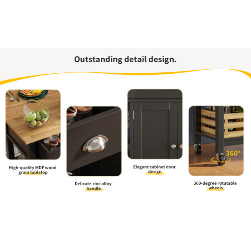 Rolling Kitchen Island Storage Trolley With Large Cabinet, 3 Drawers, Spice Rack, Adjustable Shelf, Dining Room Organiser Sideboard Cupboard Cabinet Cart, Black