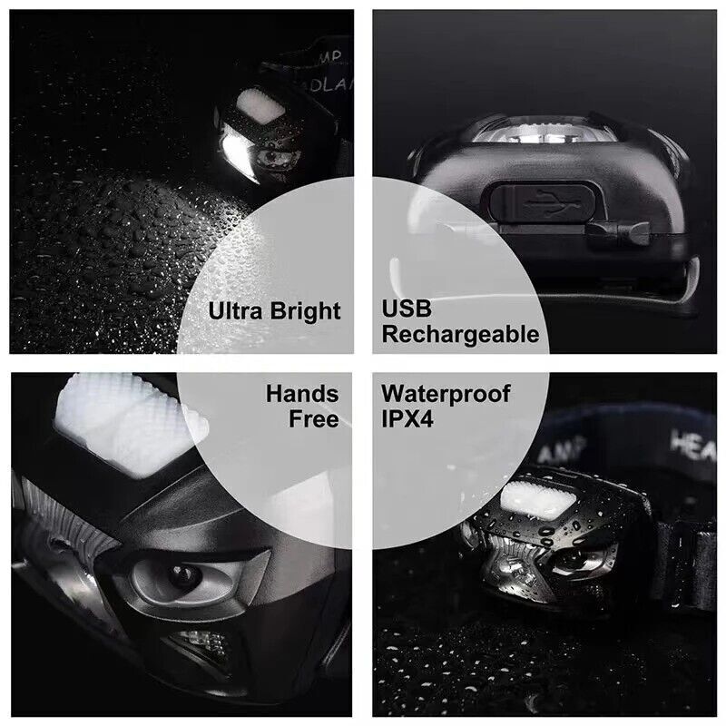 2x Super Bright Waterproof Head Torch Headlight LED USB Rechargeable Headlamp UK