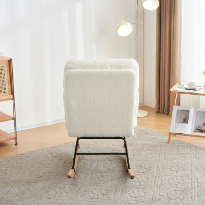 Rocking Chair, Boucle Fabric Tufted Rocking Chair, Armchair With Metal Legs And Wood Base, High Back Rocking Tub Chair With Comfortable Footrest And Adjustable Recliner For Living Room, Bedroom, White