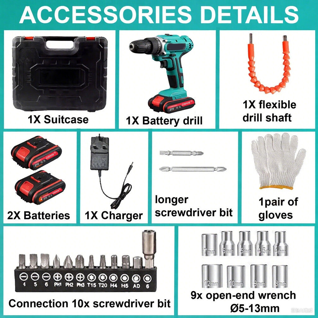 2 Battery Cordless Drill 21V Electric Screwdriver Set Combi Driver High Power UK