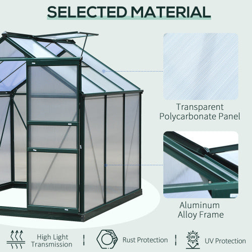 Outsunny 6 X 6ft Polycarbonate Greenhouse, Large Walk-In Green House With Slide Door And Window, Garden Plants Grow House With Aluminium Frame And Foundation, Dark Green