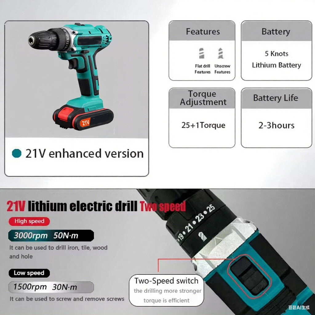 2 Battery Cordless Drill 21V Electric Screwdriver Set Combi Driver High Power UK