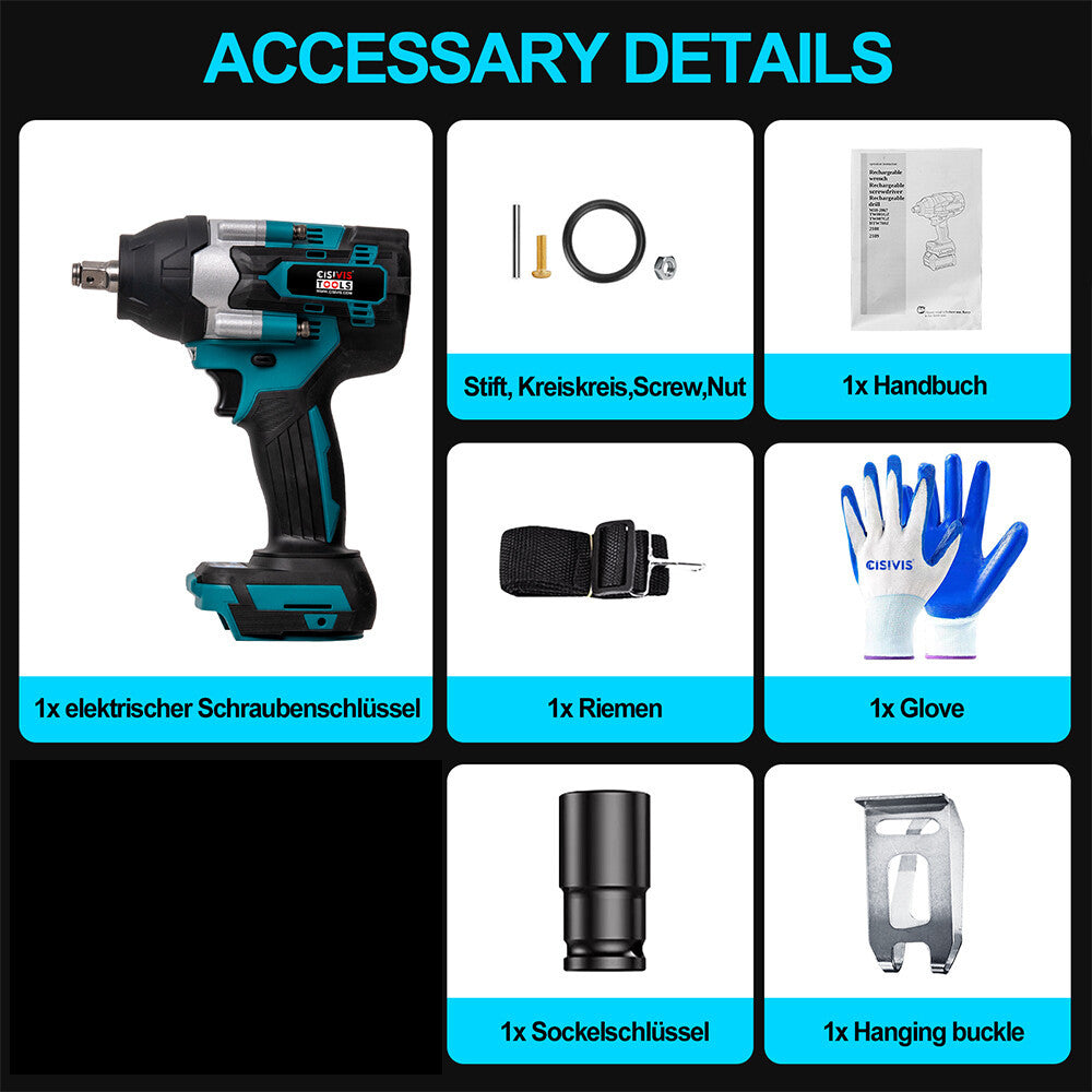 2000Nm 1-2 Cordless Electric Impact Wrench Drill Ratchet Driver For 18V