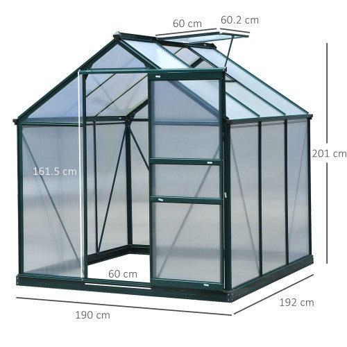 Outsunny 6 X 6ft Polycarbonate Greenhouse, Large Walk-In Green House With Slide Door And Window, Garden Plants Grow House With Aluminium Frame And Foundation, Dark Green