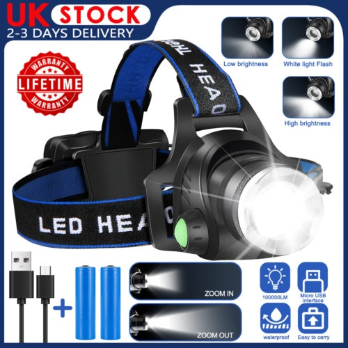 T6 Headlamp Rechargeable 350000LM LED Zoom Headlight Head Torch USB Line UK