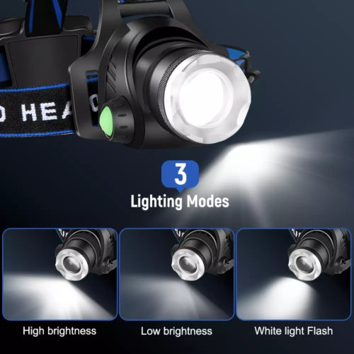 T6 Headlamp Rechargeable 350000LM LED Zoom Headlight Head Torch USB Line UK
