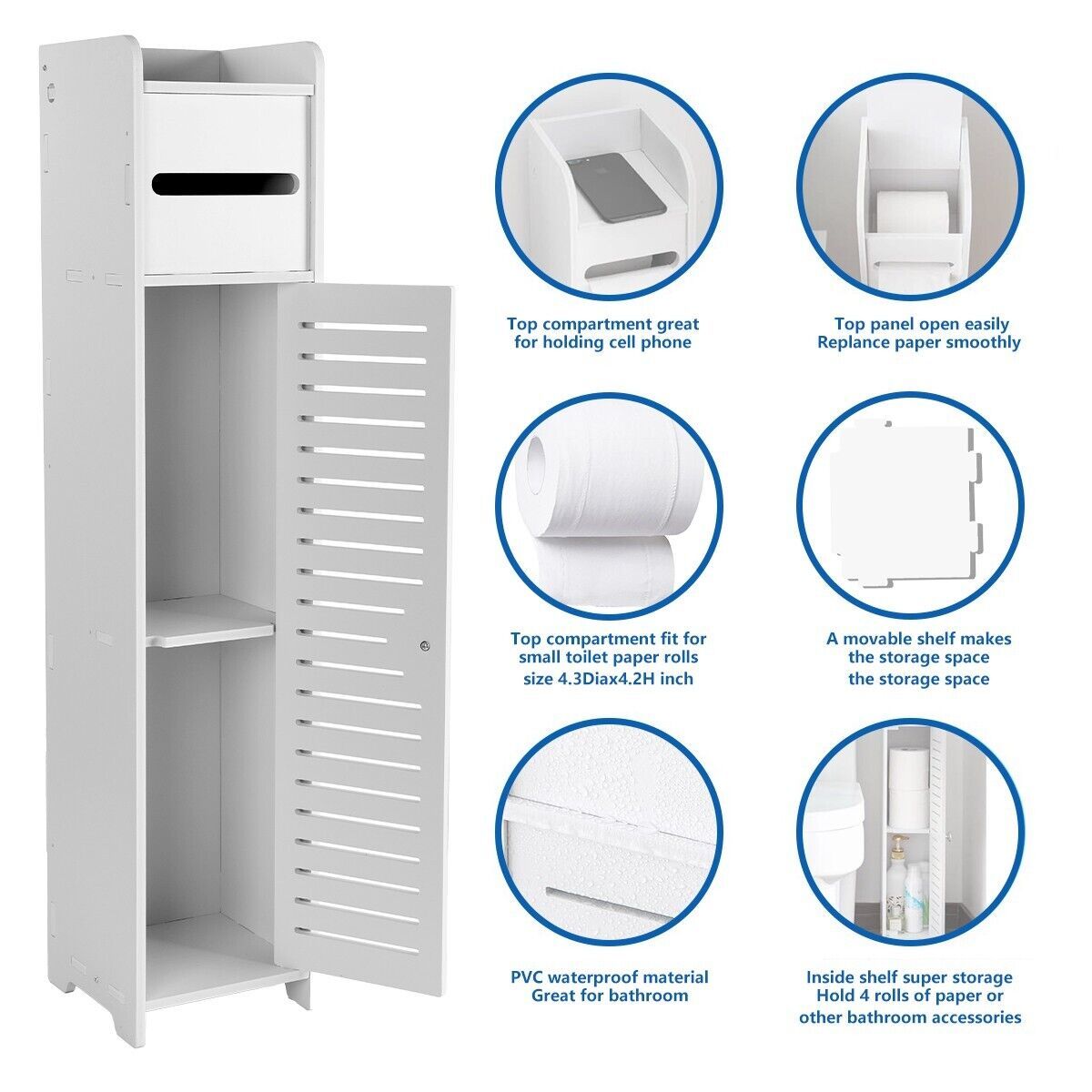 Wooden White Free Standing Toilet Paper Roll Holder Bathroom Storage Cabinet UK