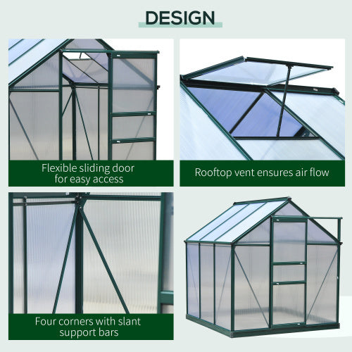 Outsunny 6 X 6ft Polycarbonate Greenhouse, Large Walk-In Green House With Slide Door And Window, Garden Plants Grow House With Aluminium Frame And Foundation, Dark Green