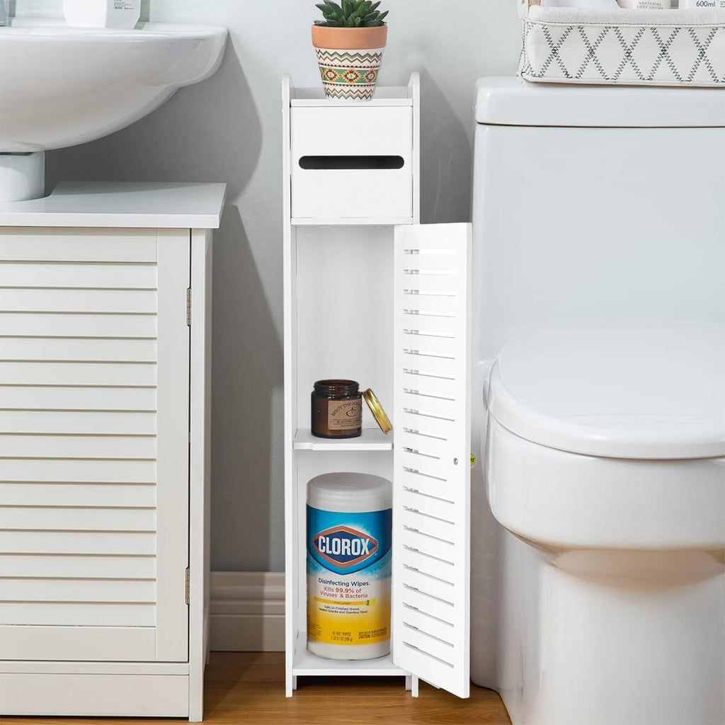 Wooden White Free Standing Toilet Paper Roll Holder Bathroom Storage Cabinet UK