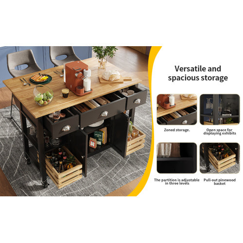 Rolling Kitchen Island Storage Trolley With Large Cabinet, 3 Drawers, Spice Rack, Adjustable Shelf, Dining Room Organiser Sideboard Cupboard Cabinet Cart, Black